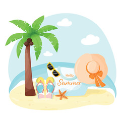 Summer beach illustration with palm tree, flip flops, hat and bag. Can be used for postcards, travel ads, banners, covers