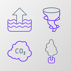 Set line Tree, CO2 emissions in cloud, Tornado and Rise water level icon. Vector