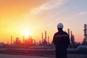 Petrochemical operator at sunset. Generate Ai