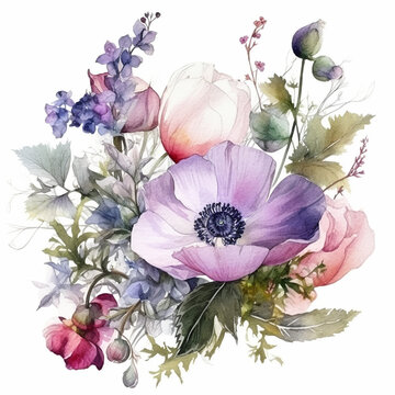 A water color painting style wild flowers floral design. Generative AI.