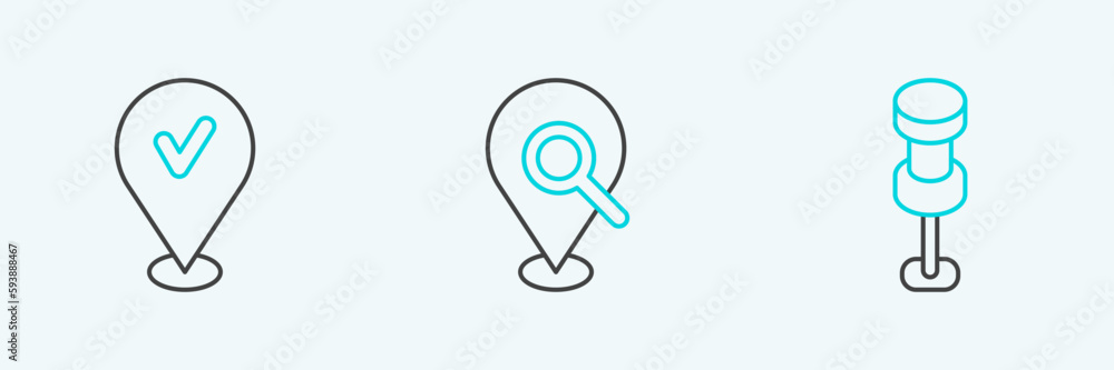 Poster set line push pin, location with check mark and search location icon. vector
