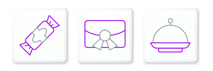 Set line Christmas covered with tray, Candy and postcard icon. Vector