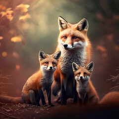Fototapeta premium Three red foxes in autumn forest, Generative AI