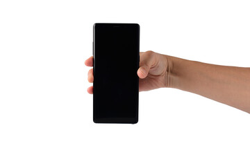 Smartphone in hand and black stylus for writing isolated on transparent background. 