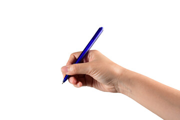 Close-up of a woman's hand holding a pen and writing gesture isolated on a transparent background