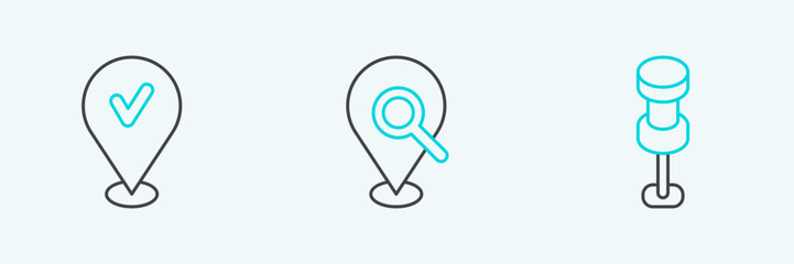 Set line Push pin, Location with check mark and Search location icon. Vector