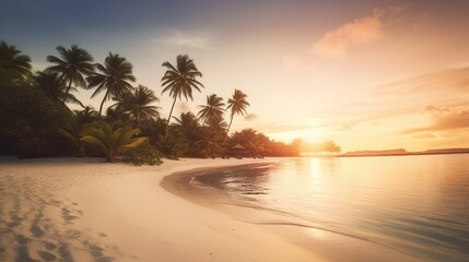 beautiful sunset on the ocean shore with palm trees. rest on the island.