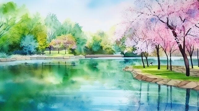 lake with sakura in the park.