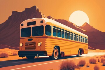 Yellow school bus on the road. School bus driving on the country road, going to school. Generative AI
