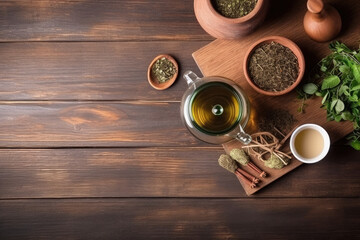 Naklejka premium Cup of tea with teapot, organic green tea leaves and dried herbs on wooden table top view with copy space 