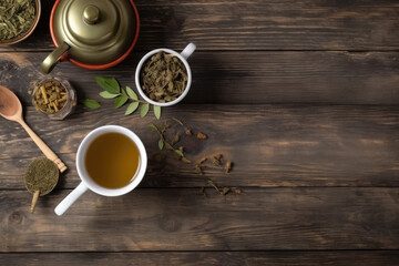 Obraz na płótnie Canvas Cup of tea with teapot, organic green tea leaves and dried herbs on wooden table top view with copy space 
