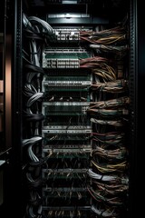 Ethernet cables and path panel in rack cabinet. Generative ai