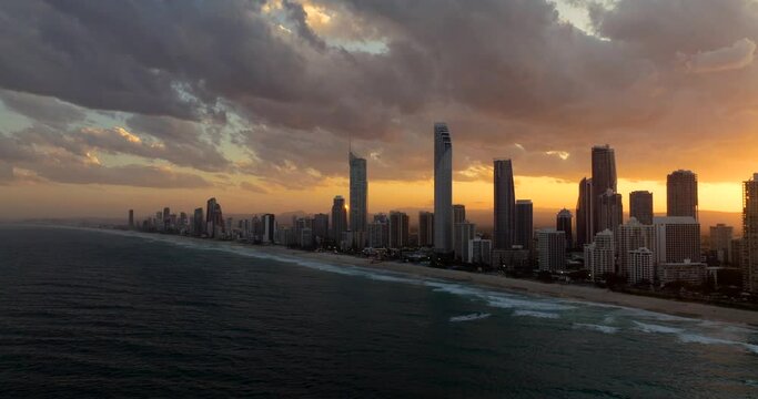 Sunset at Gold Coast's Surfers Paradise in Queensland, Australia captured with a drone