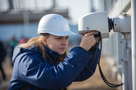 A video surveillance service worker installs a camera. Generative ai