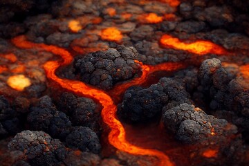 Ground hot lava. Burning coals from a volcanic eruption. Generative AI