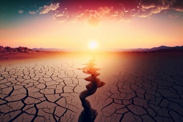 Sunrise over the cracked earth. Drought concept. Generative AI