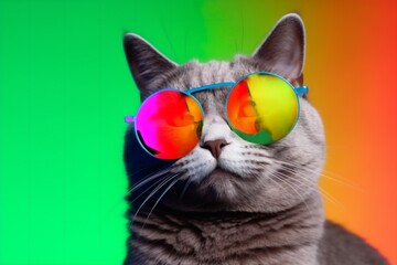 sunglasses pet animal portrait colourful funny cute neon fashion cat. Generative AI.