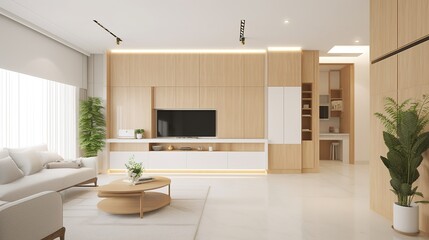 Fototapeta na wymiar modern living room in white and wood colors, nordic luxury house. Generative AI