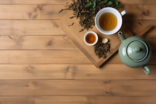 Cup of tea with teapot, organic green tea leaves and dried herbs on wooden table top view with copy space	