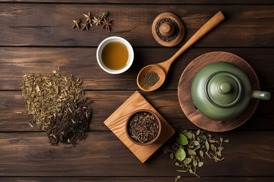 Cup of tea with teapot, organic green tea leaves and dried herbs on wooden table top view with copy space	