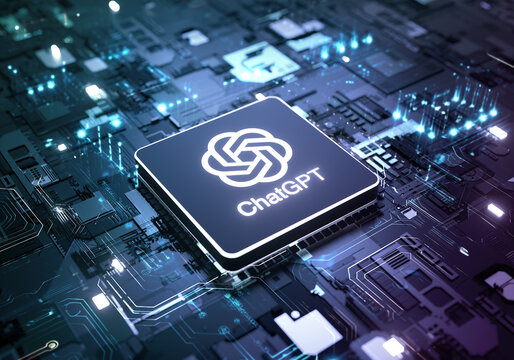 Valencia, Spain - April, 2023: ChatGPT chipset processor concept on circuit board, AI, Artificial Intelligence chatbot developed by OpenAI, machine learning and futuristic technology