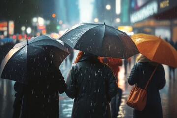 Crowd of people with umbrellas. It's raining.  Generative AI