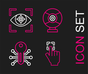 Set line Fingerprint, Smart key, Security camera and Eye scan icon. Vector