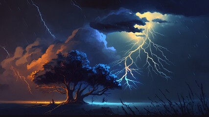 Thunderstorm. Lightning in the dark sky. Generative AI