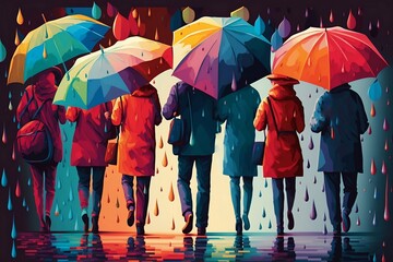 People with colorful umbrellas. Colorful rain. Generative AI