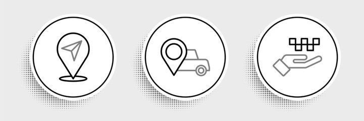 Set line Hand with taxi, Location and icon. Vector
