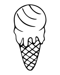 Melting popsicle. Sketch. Ice cream in the form of a ball. Crispy waffle cone. Vector illustration. Outline on isolated background. Doodle style. Sweet refreshing dessert. Summer mood. Idea for menu