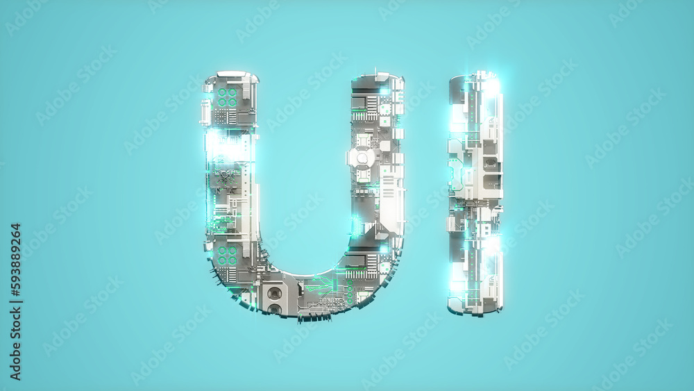 Poster modern shining cybernetical text ui on blue backdrop - abstract 3d rendering