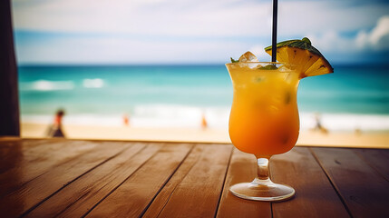 Mai Tai cocktail on background with blue sea and sky tropical background. Generative AI