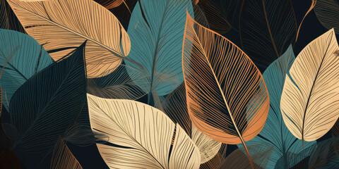 print design : palm tropical leaves patterns, in the style of dark aquamarine and light amber, generative AI