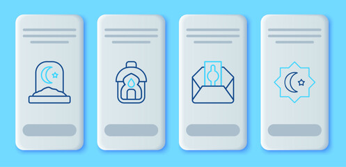 Set line Ramadan Kareem lantern, Donate or pay your zakat, Muslim cemetery and Octagonal star icon. Vector