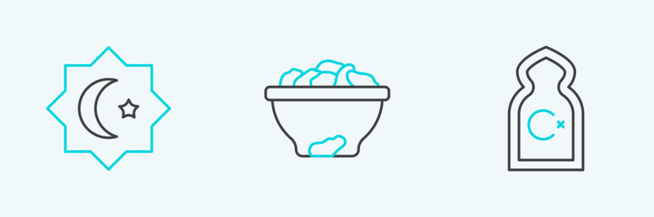 Set line Muslim Mosque, Octagonal star and Date fruit in bowl icon. Vector