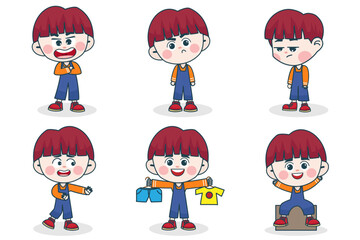 Young smart boy character with different facial expression and hand poses.