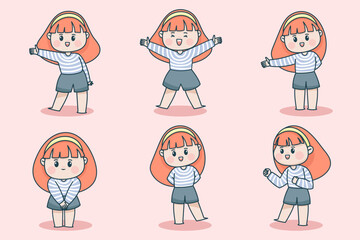 Young smart girl character with different facial expression and hand poses. Facial expression flat vector illustration