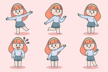 Young smart girl character with different facial expression and hand poses. Facial expression flat vector illustration