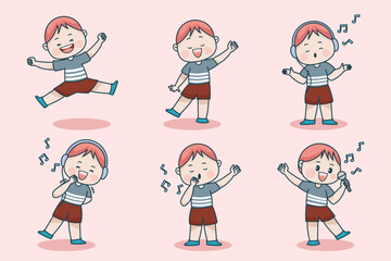 Young smart boy character with different facial expression and hand poses.