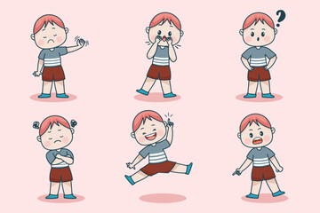 Young smart boy character with different facial expression and hand poses.