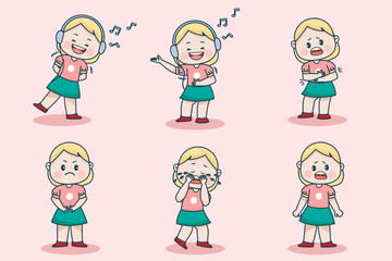 Young smart girl character with different facial expression and hand poses. Facial expression flat vector illustration