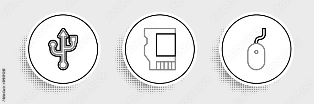 Poster set line computer mouse, usb and sd card icon. vector