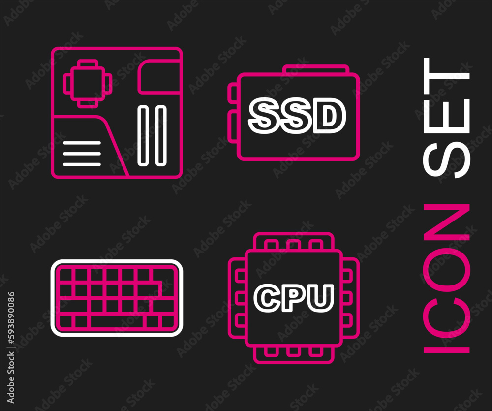 Poster set line processor with cpu, keyboard, ssd card and motherboard digital chip icon. vector