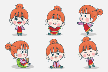 Young smart girl character with different facial expression and hand poses. Facial expression flat vector illustration