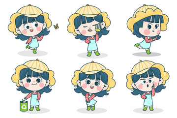 Young smart girl character with different facial expression and hand poses. Facial expression flat vector illustration