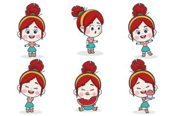 Young smart girl character with different facial expression and hand poses. Facial expression flat vector illustration