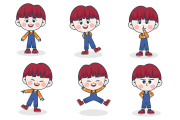 Obraz na płótnie Canvas Young smart boy character with different facial expression and hand poses.