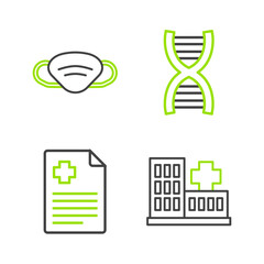 Set line Hospital building, Patient record, DNA symbol and Medical protective mask icon. Vector
