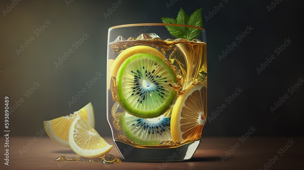 Poster refreshing cocktail with slices of kiwi and lemon generative ai